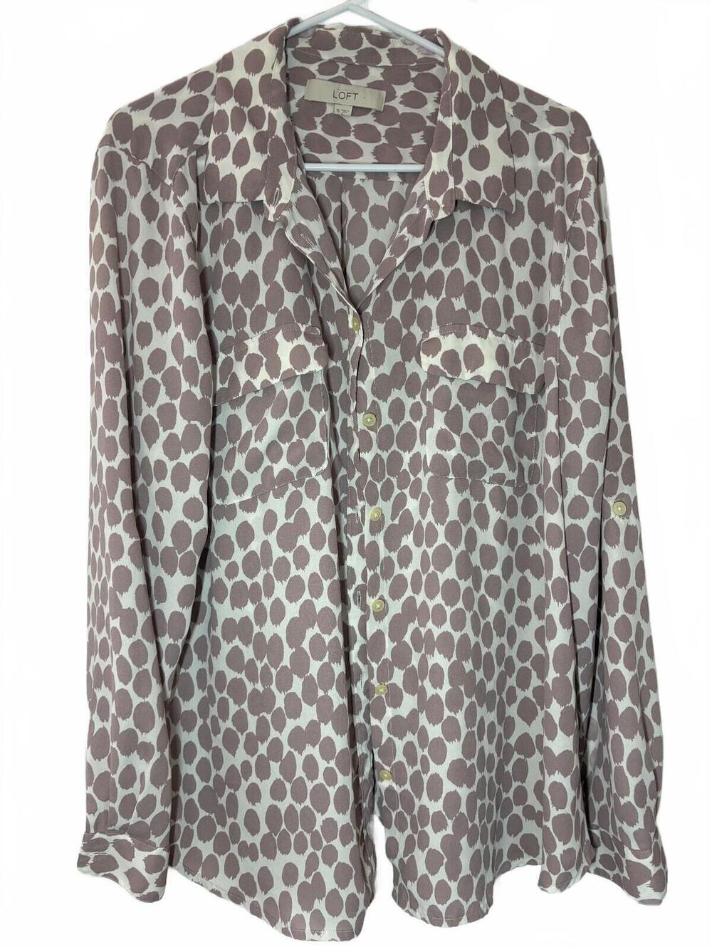 LOFT Women's XL Mauve Rose Pink Polka Dot Print Button-Up Blouse